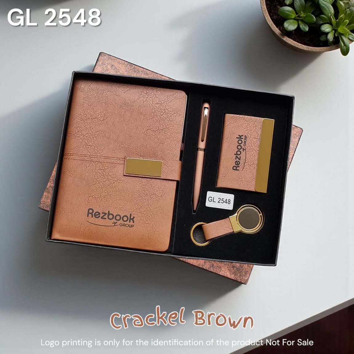 4-in-1 crackle brown executive gift set with notebook, pen, card holder & keychain