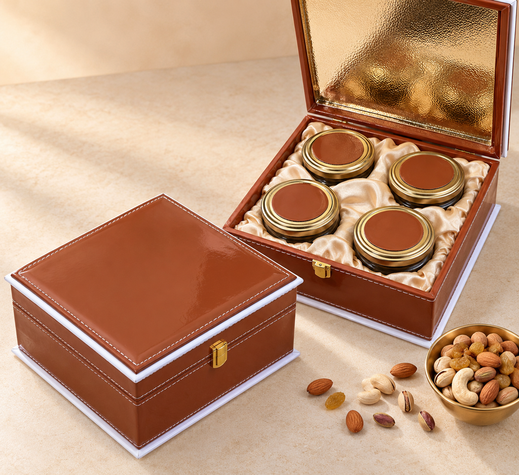 Gloss leather 4 jar dry fruit gift box in assorted colours by Wrap Shap
