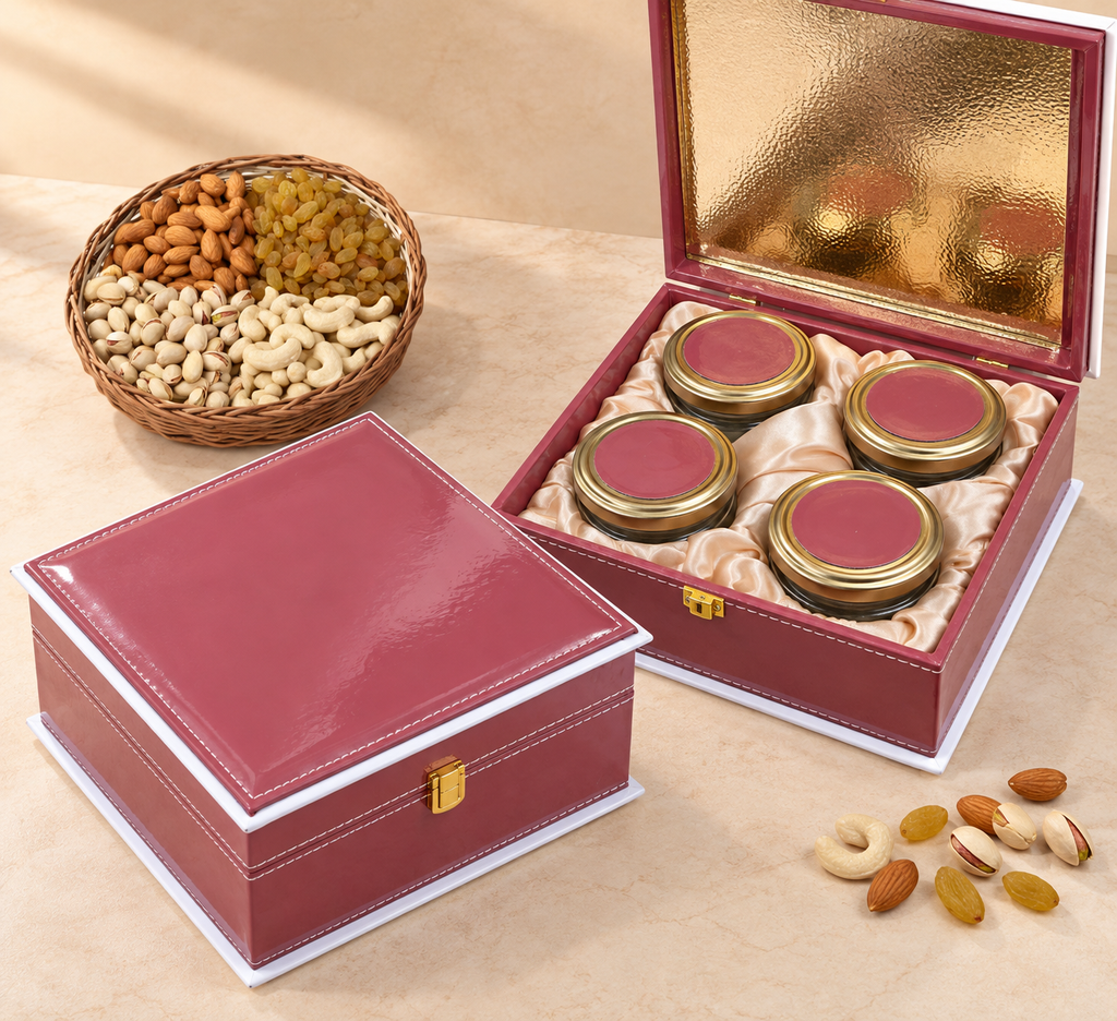 Gloss leather 4 jar dry fruit gift box in assorted colours by Wrap Shap