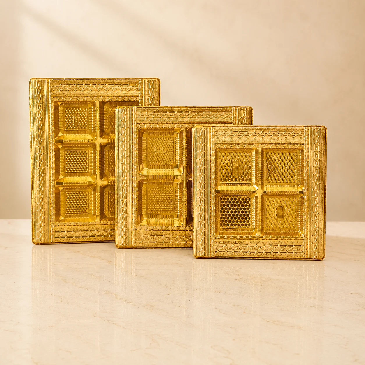 Premium Golden dry fruit platter made from MDF with 4 and 6 partition options for corporate gifting, festive hampers, and wedding gifts. Elegant golden gift tray available in 12-inch, 14-inch, and 12x16-inch sizes for dry fruits, chocolates, sweets, gourmet snacks, and luxury gift presentations. 
