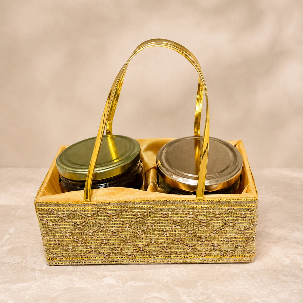 Premium Golden Lace hamper basket made from MDF for festive gifting, wedding hampers, and corporate gift packaging. Elegant Golden Lace basket available in 2 Jar and 4 Jar sizes for dry fruits, chocolates, sweets, gourmet treats, and premium gift presentations