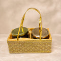 Premium Golden Lace hamper basket made from MDF for festive gifting, wedding hampers, and corporate gift packaging. Elegant Golden Lace basket available in 2 Jar and 4 Jar sizes for dry fruits, chocolates, sweets, gourmet treats, and premium gift presentations