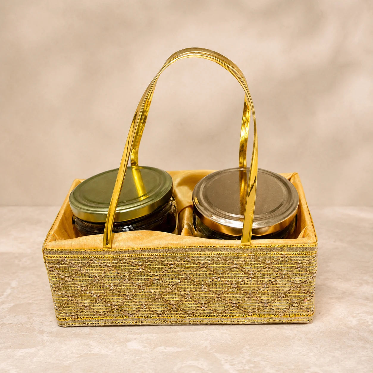 Premium Golden Lace hamper basket made from MDF for festive gifting, wedding hampers, and corporate gift packaging. Elegant Golden Lace basket available in 2 Jar and 4 Jar sizes for dry fruits, chocolates, sweets, gourmet treats, and premium gift presentations