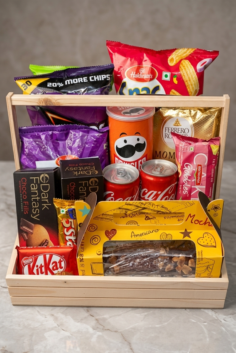 Assorted snack items including chips, cookies, and drinks in a wooden crate on a marble surface.