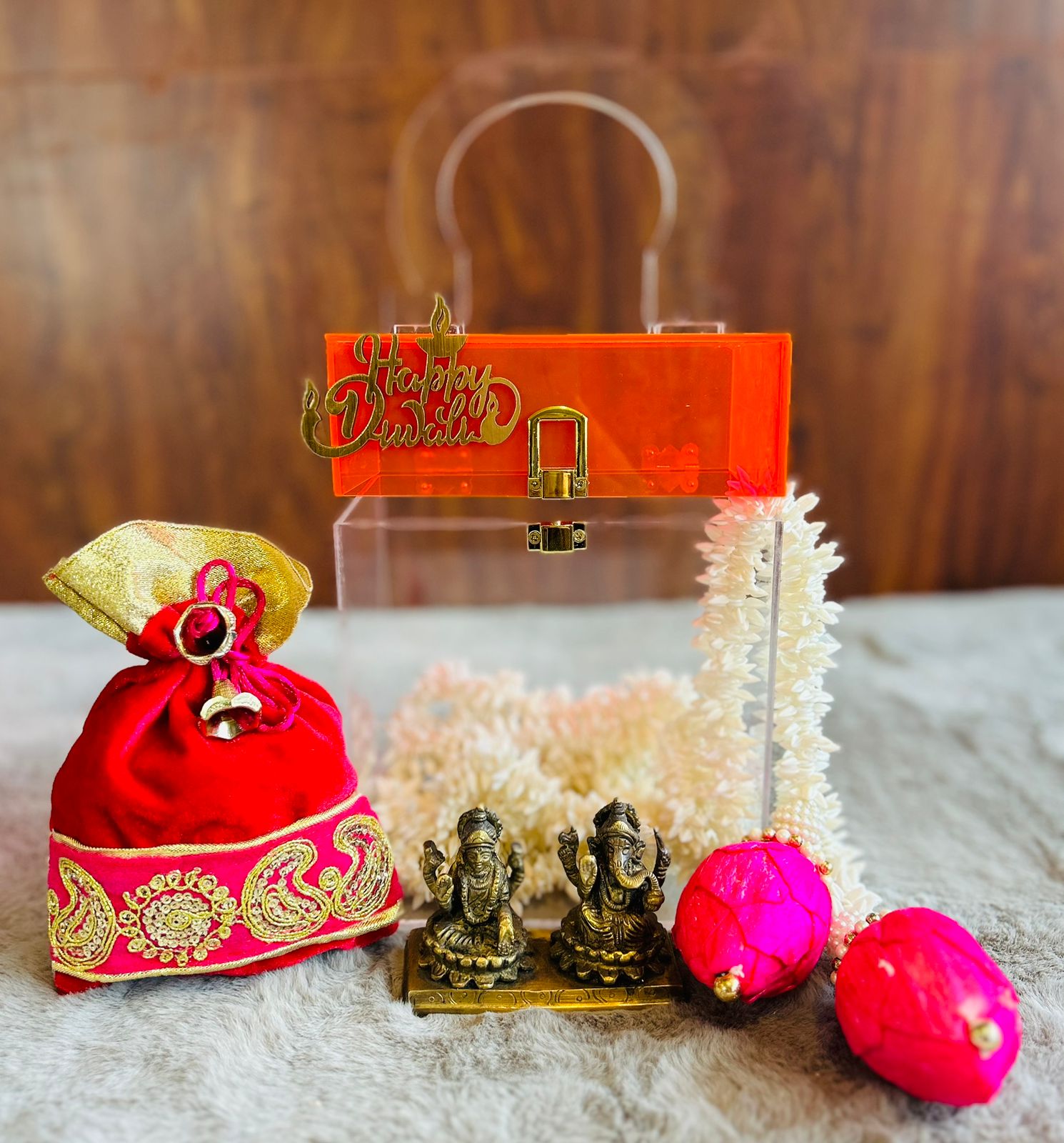 Premium Acrylic Diwali Hamper – Neon Gift Box with 250g Coated Almonds, Brass Laxmi Ganesh, Festive Décor & Logo Customization