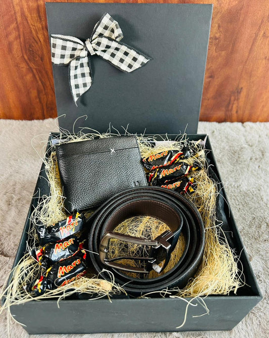 Ultimate Men's Gift Hamper: Black Wallet, Belt, and Mars Chocolates in an Elegant Black Gift Box