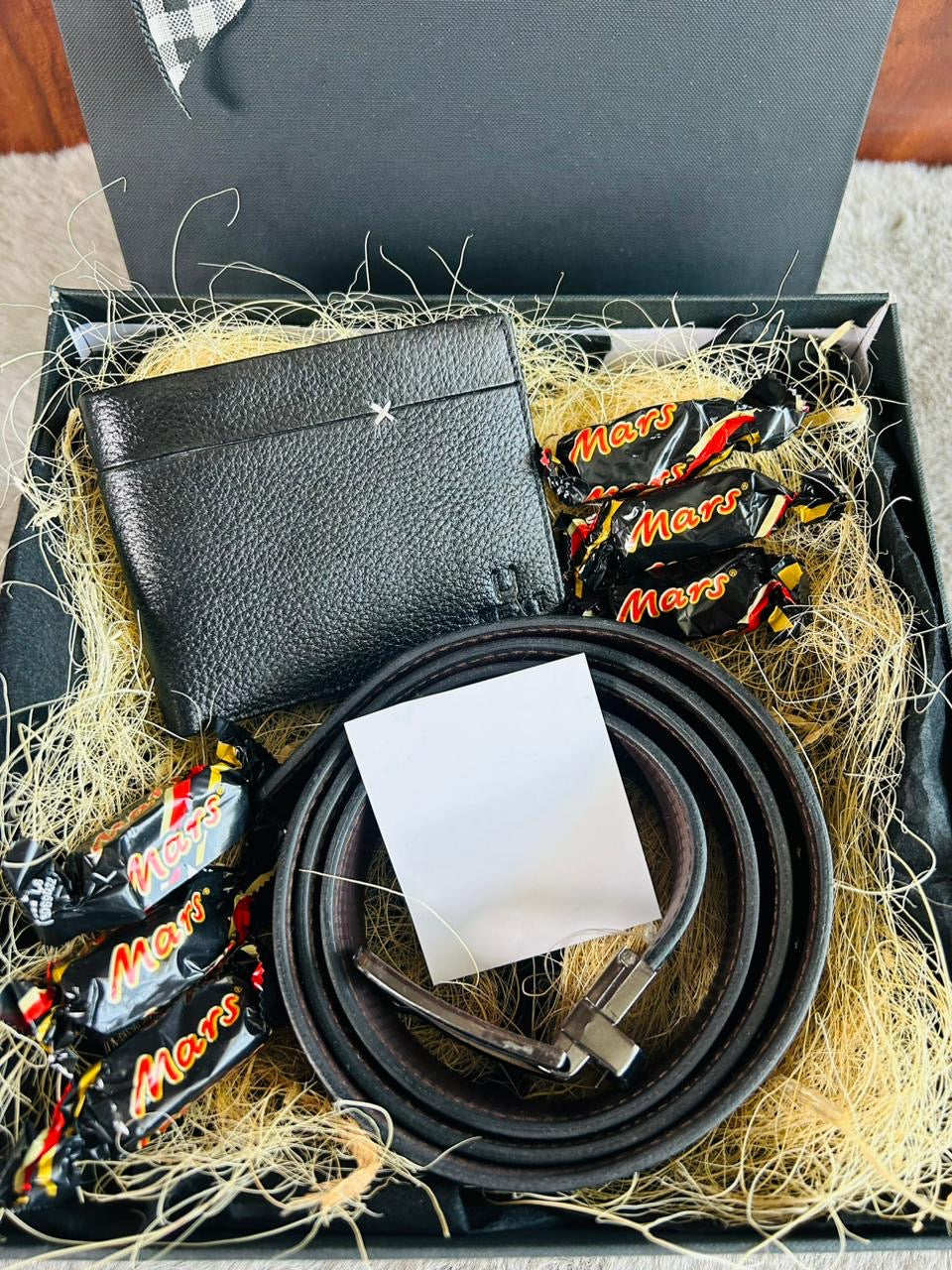 Ultimate Men's Gift Hamper: Black Wallet, Belt, and Mars Chocolates in an Elegant Black Gift Box