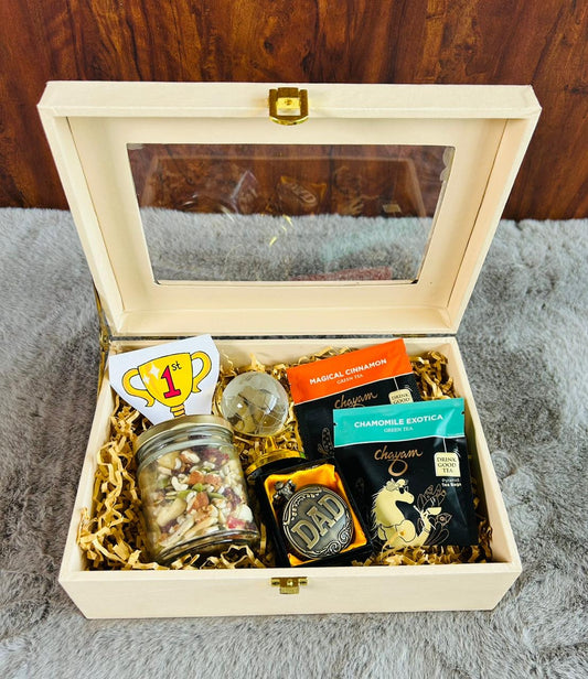 Premium Men's Gift Hamper - Healthy Dry Fruit Nut Mix, Antique "Dad" Keychain Watch, Glass Globe, Chayam Tea Bags - Perfect for All Occasions