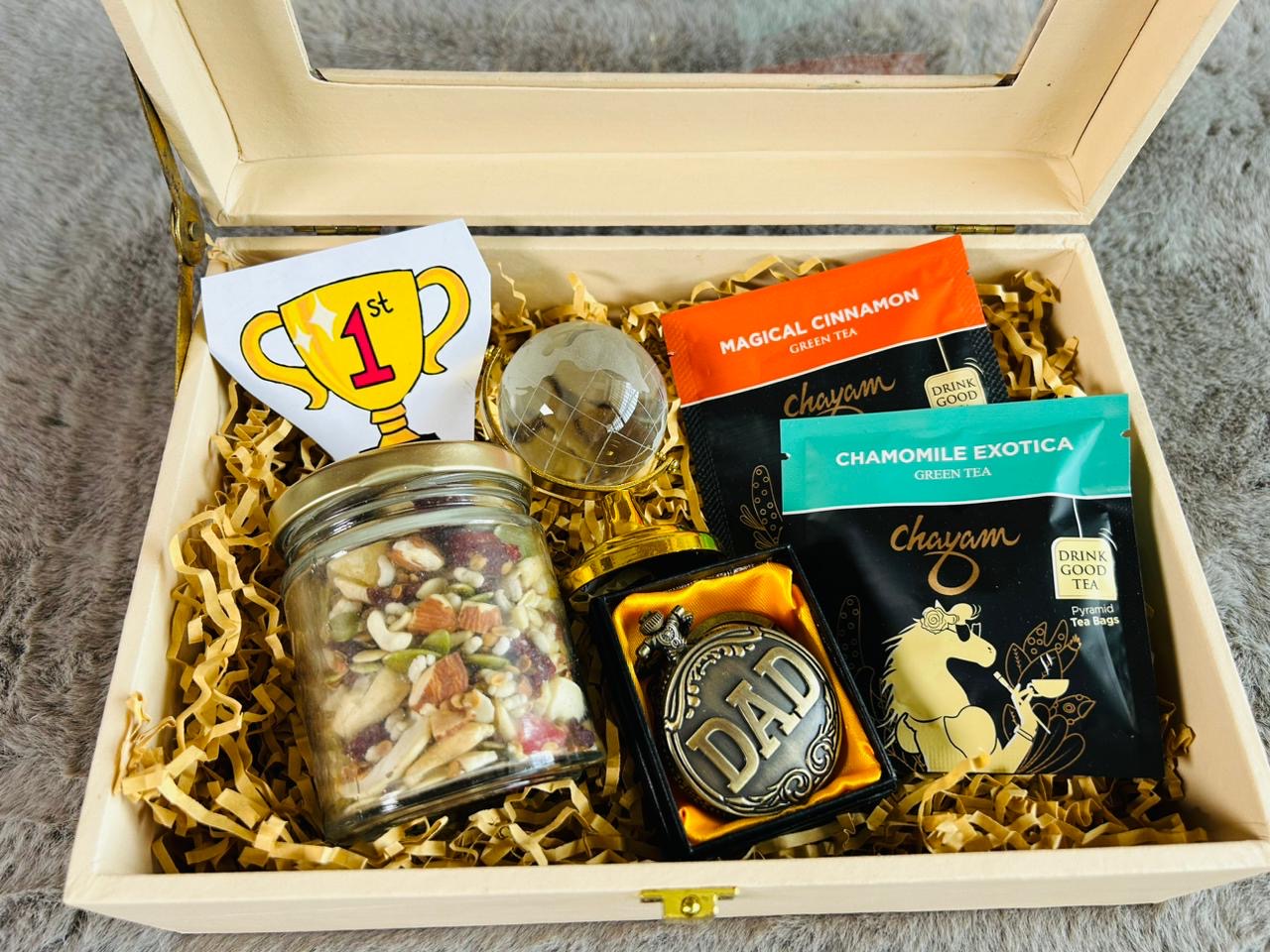 Premium Men's Gift Hamper - Healthy Dry Fruit Nut Mix, Antique "Dad" Keychain Watch, Glass Globe, Chayam Tea Bags - Perfect for All Occasions