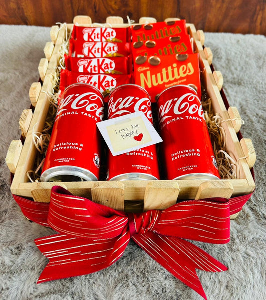 Red-Themed Men's Gift Hamper - Coke Cans, KitKat Chocolates & Nutties Chocolates in Pinewood Basket