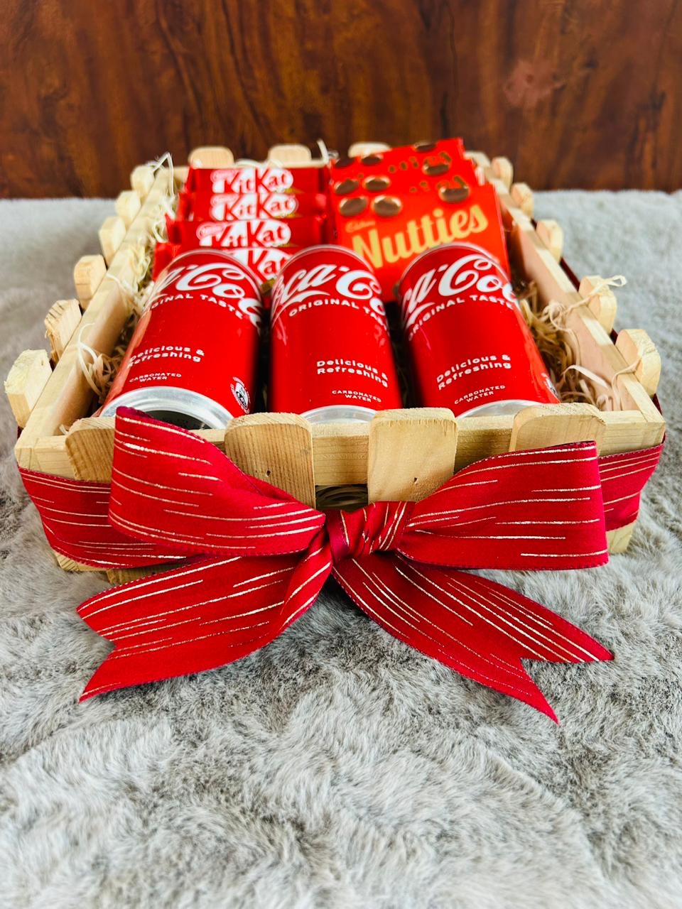 Red-Themed Men's Gift Hamper - Coke Cans, KitKat Chocolates & Nutties Chocolates in Pinewood Basket