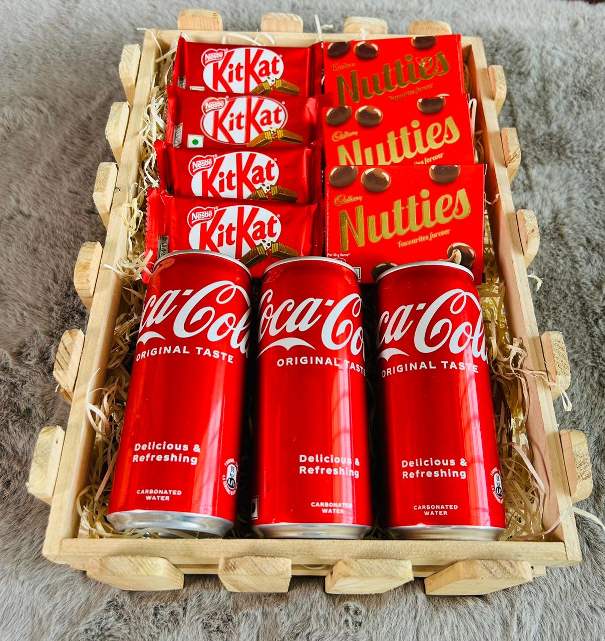 Red-Themed Men's Gift Hamper - Coke Cans, KitKat Chocolates & Nutties Chocolates in Pinewood Basket