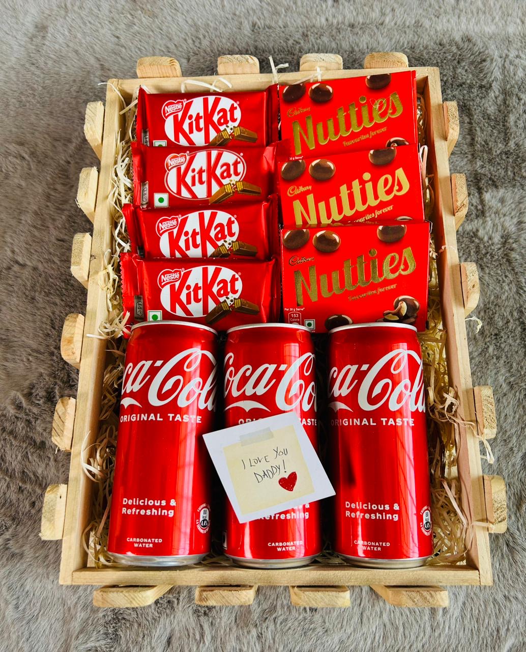 Red-Themed Men's Gift Hamper - Coke Cans, KitKat Chocolates & Nutties Chocolates in Pinewood Basket