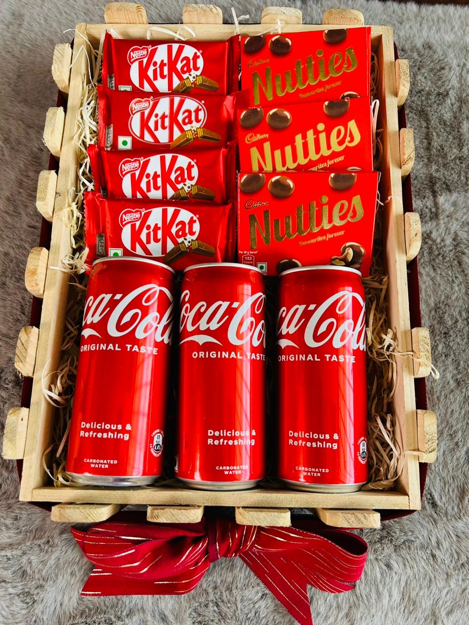 Red-Themed Men's Gift Hamper - Coke Cans, KitKat Chocolates & Nutties Chocolates in Pinewood Basket