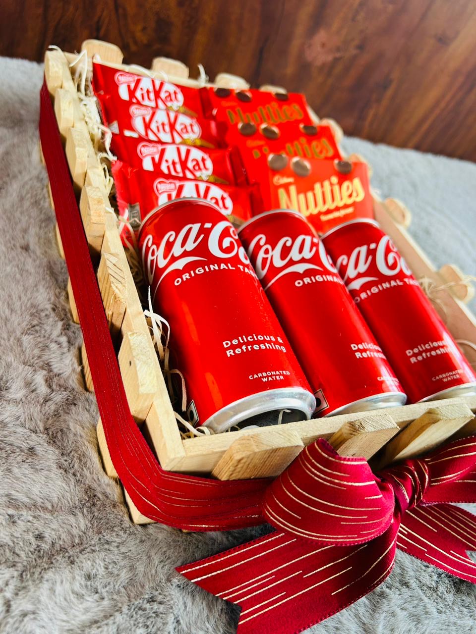 Red-Themed Men's Gift Hamper - Coke Cans, KitKat Chocolates & Nutties Chocolates in Pinewood Basket