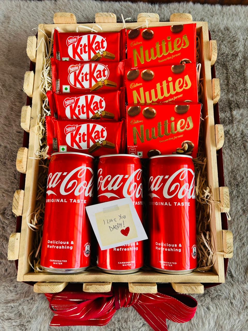 Red-Themed Men's Gift Hamper - Coke Cans, KitKat Chocolates & Nutties Chocolates in Pinewood Basket