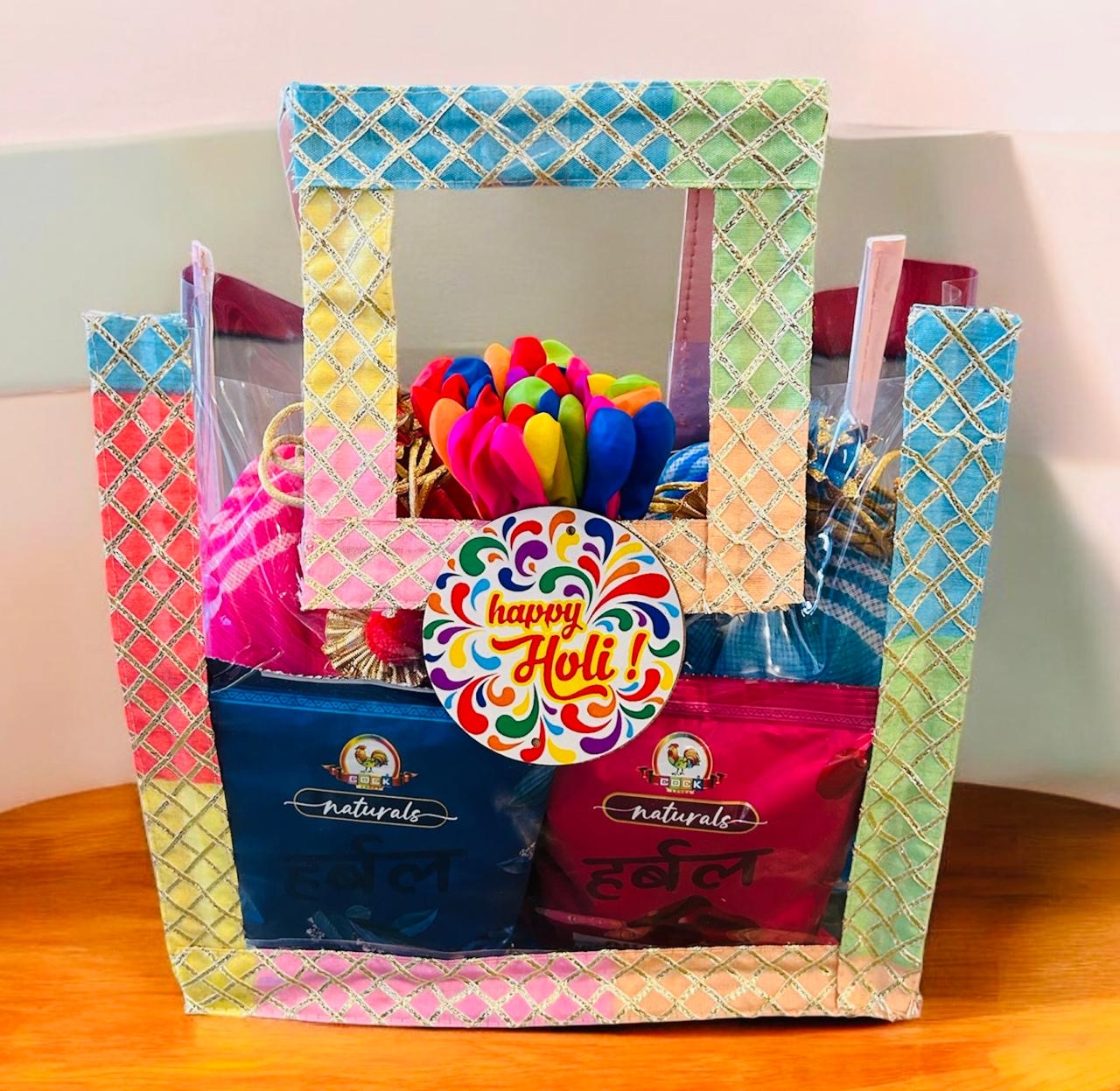 Holi-Gift-Hamper-Gulal-Water-Balloons-Gujiya-Namakpare-PVC-Bag