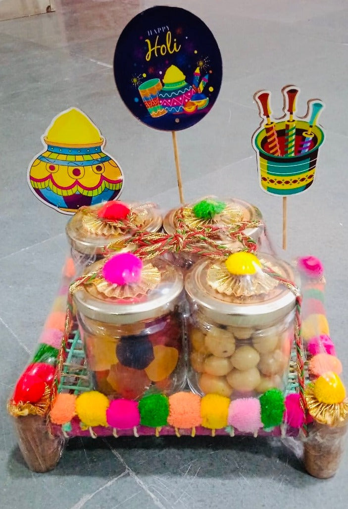 Holi Indulgence Hamper: Cranberry Kulfi, Ferrero Rocher, Coated Almonds, Dried Fruits in Decorated Khaat