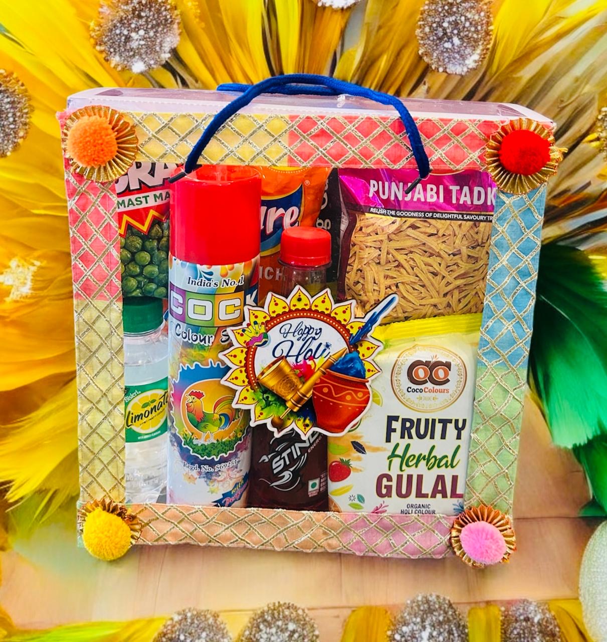 Holi-Gift-Hamper-Gulal-Color-Spray-Snacks-Drinks-PVC-Box