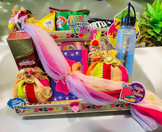 Holi-Gift-Hamper-Gulal-Pichkari-Gujiya-Thandai-Drinks-Snacks-Pine-Basket