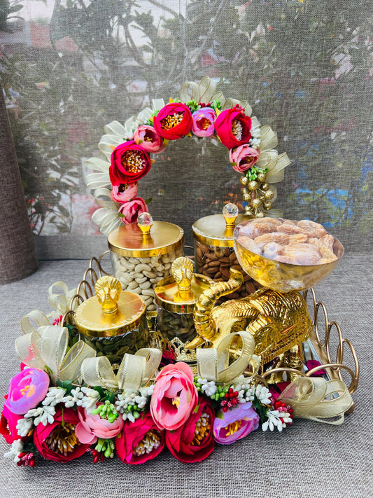 Regal Delights: Luxury Dry Fruit Hamper on Decorative Metal and Mirror Platter