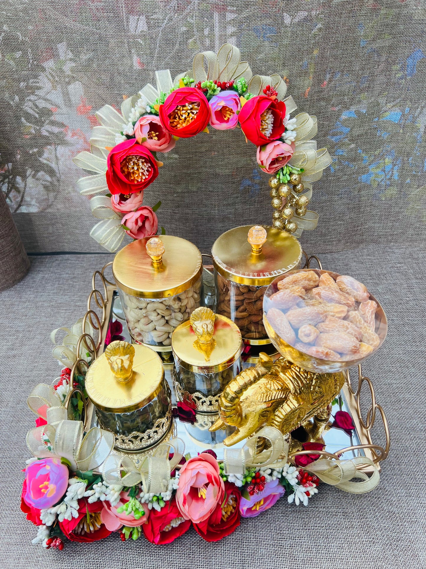 Regal Delights: Luxury Dry Fruit Hamper on Decorative Metal and Mirror Platter