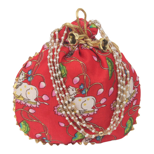 Cow Print Pichwai Potli Batwa Bag: Traditional Elegance with Modern Handle