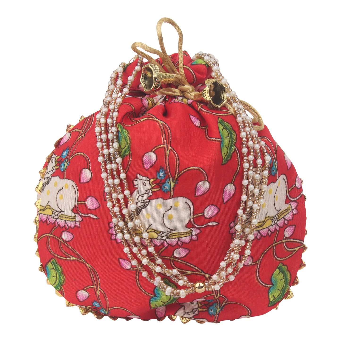 Cow Print Pichwai Potli Batwa Bag: Traditional Elegance with Modern Handle