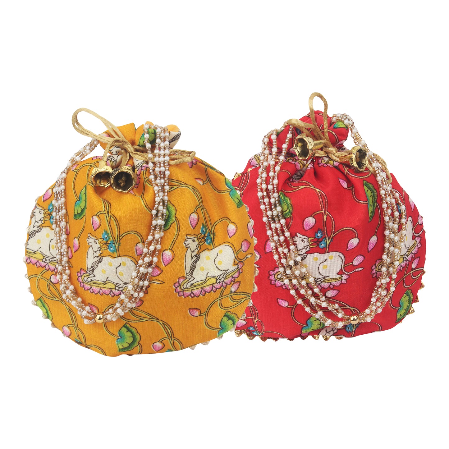 Cow Print Pichwai Potli Batwa Bag: Traditional Elegance with Modern Handle