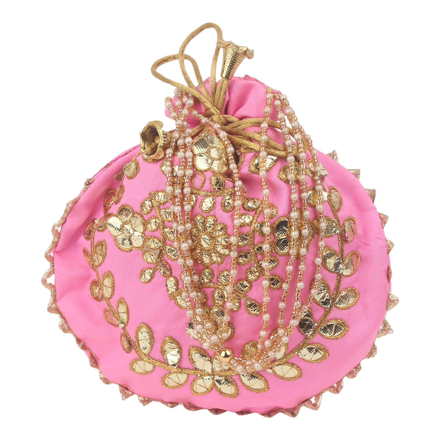 Golden Leaf Gota Work Round Potli Batwa Bag: Festive Elegance with Personalized Touch