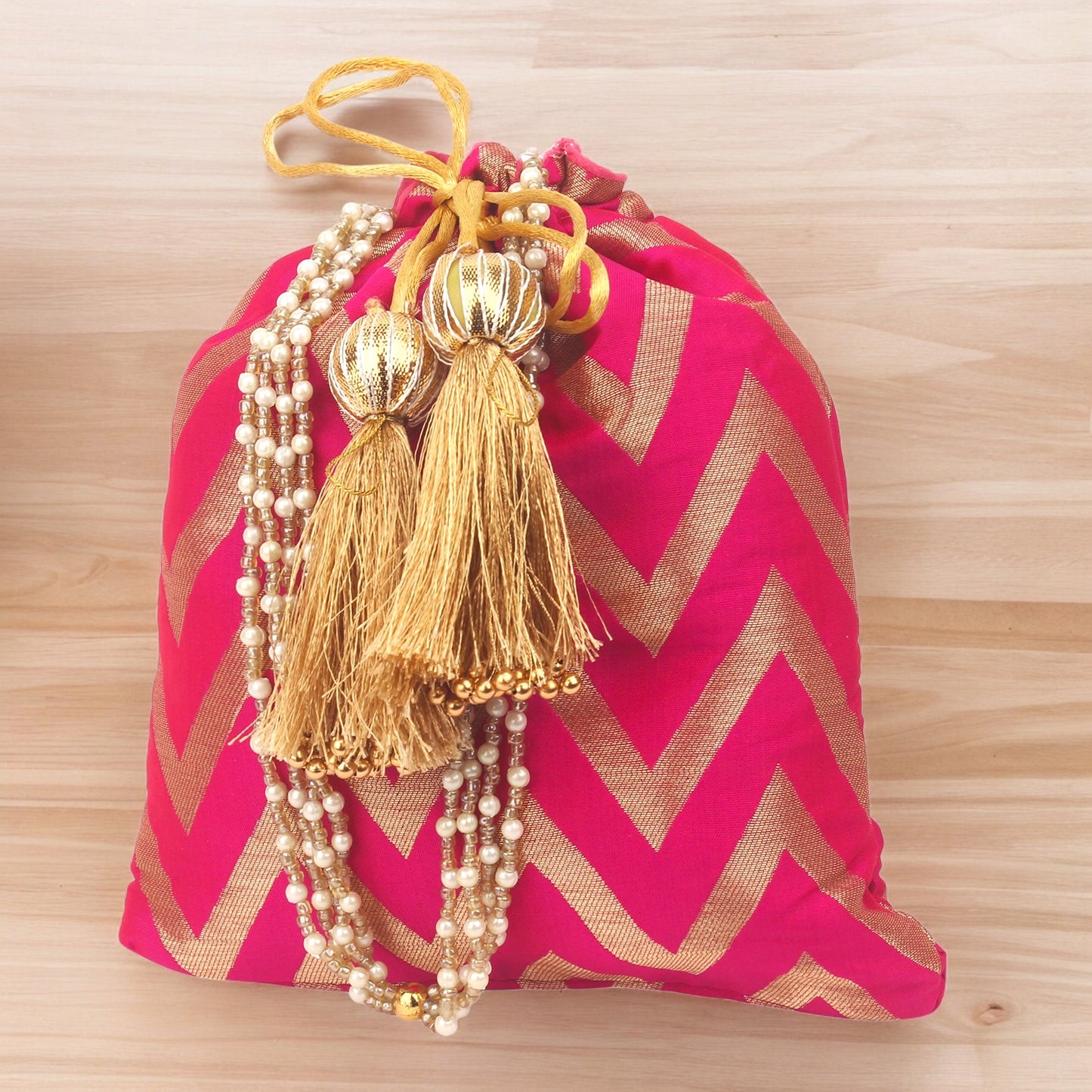 Elegant Wave Design Potli Batwa Bags with Handle and Premium Tassels (9" Matka Shape) – Ideal for Return Favors and Gifting Dry Fruits