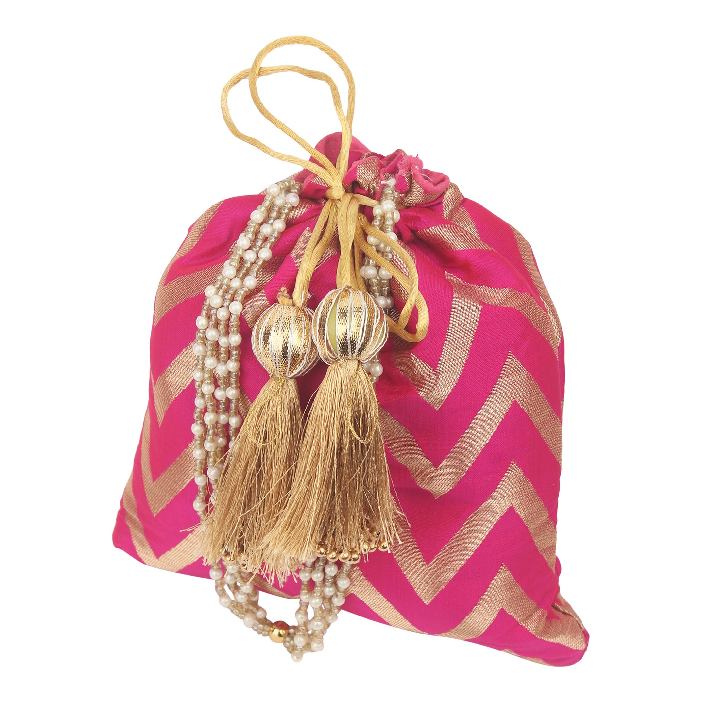 Elegant Wave Design Potli Batwa Bags with Handle and Premium Tassels (9" Matka Shape) – Ideal for Return Favors and Gifting Dry Fruits