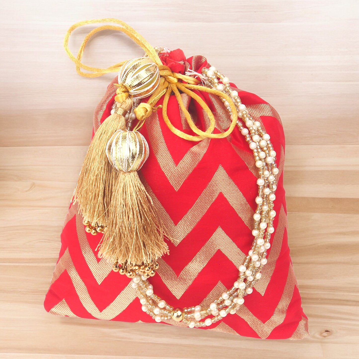 Elegant Wave Design Potli Batwa Bags with Handle and Premium Tassels (9" Matka Shape) – Ideal for Return Favors and Gifting Dry Fruits