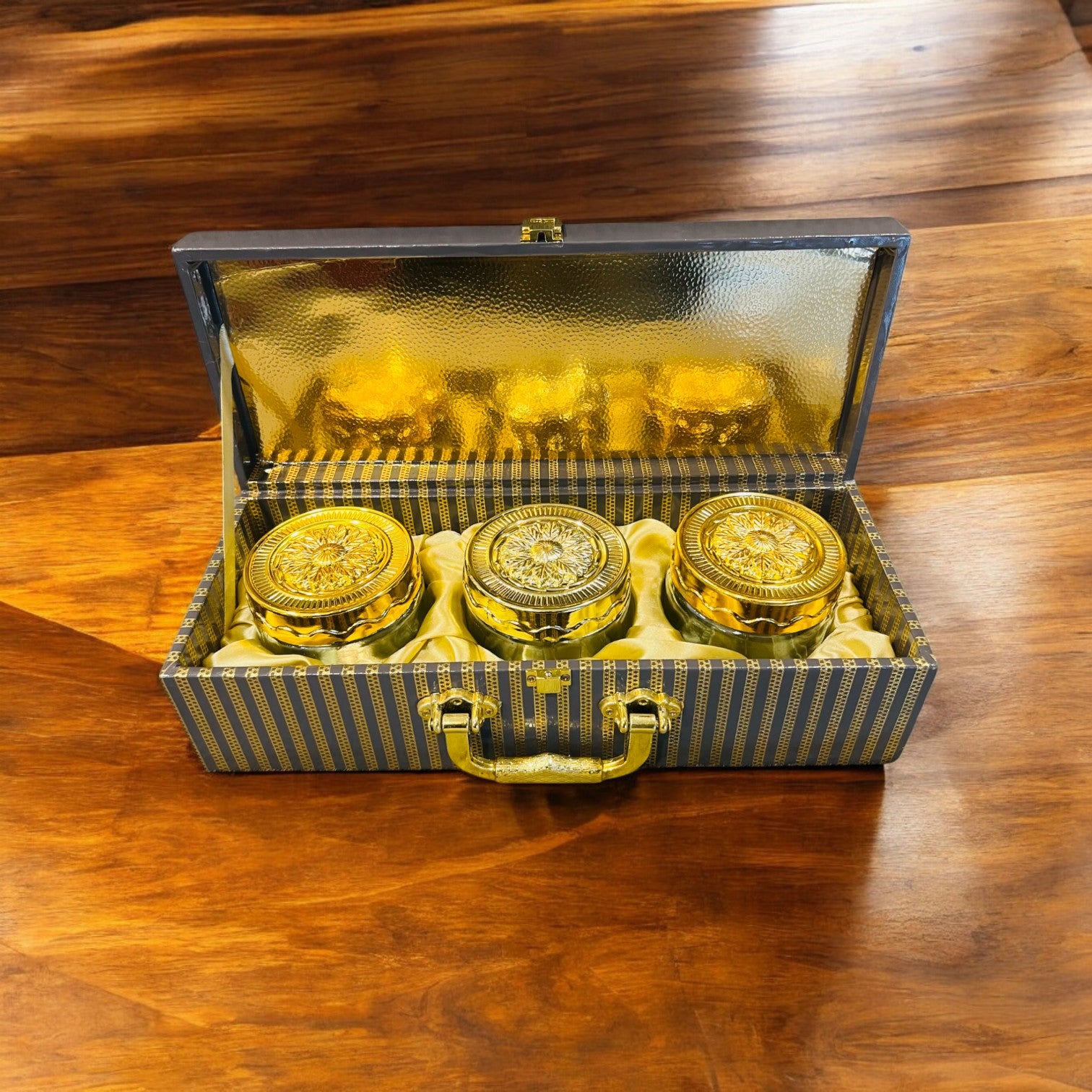Luxury Dry Fruit Box with 3 Jars | Rexin Finish with Gold Foil Work | Premium Gifting for Festivals & Weddings