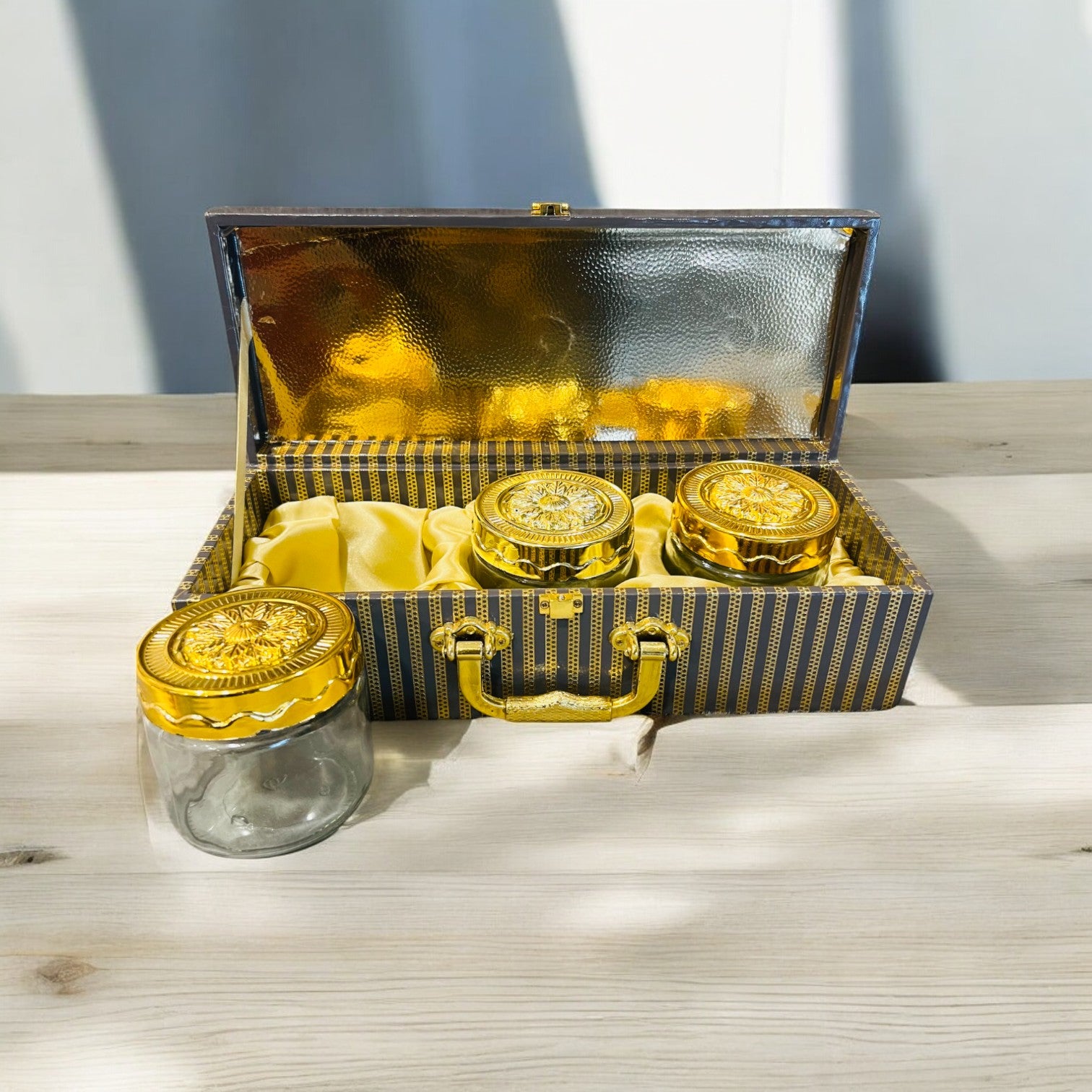 Luxury Dry Fruit Box with 3 Jars | Rexin Finish with Gold Foil Work | Premium Gifting for Festivals & Weddings