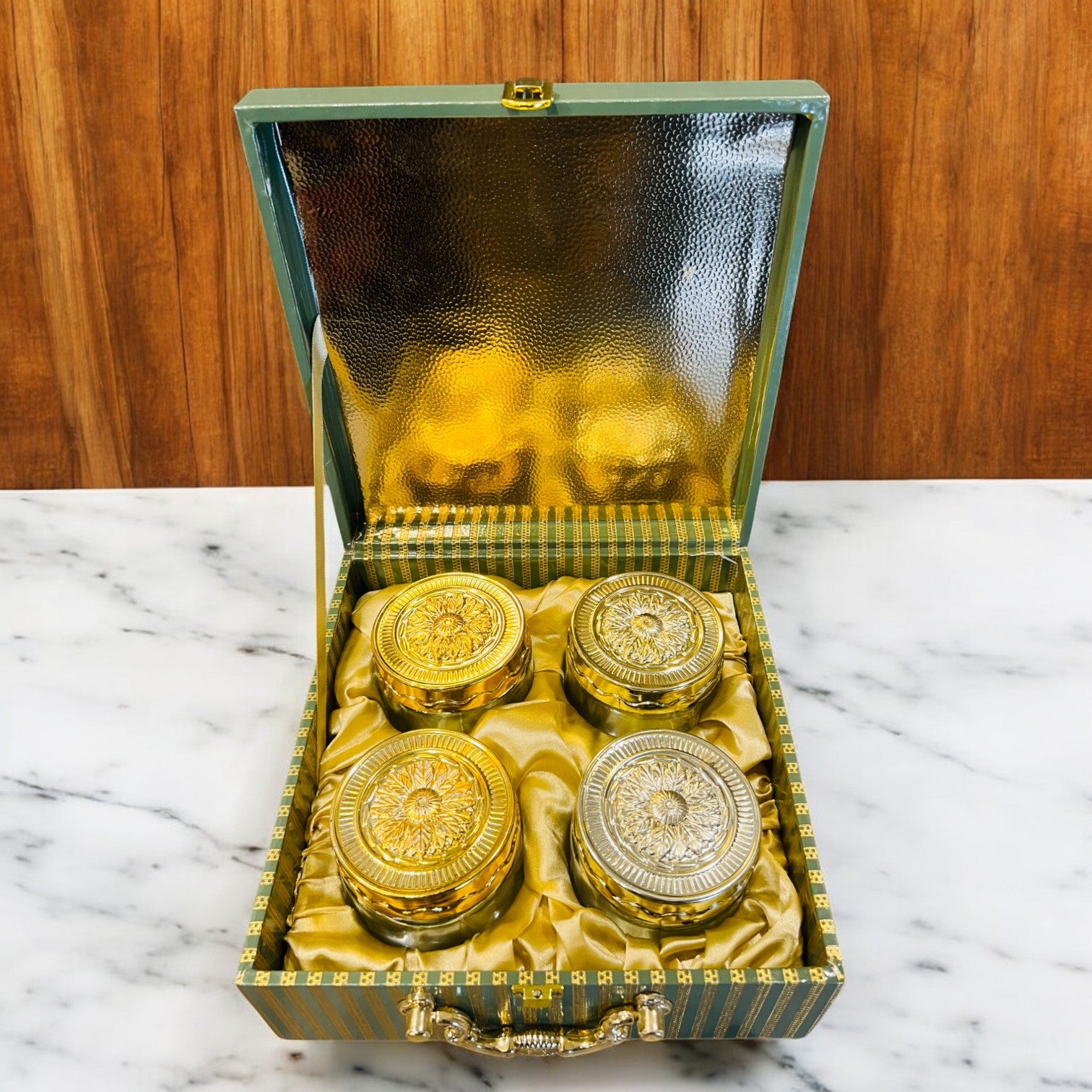 Luxury Dry Fruit Box with 4 Jars | Rexin Finish with Gold Foil Work | Premium Gifting for Festivals & Weddings