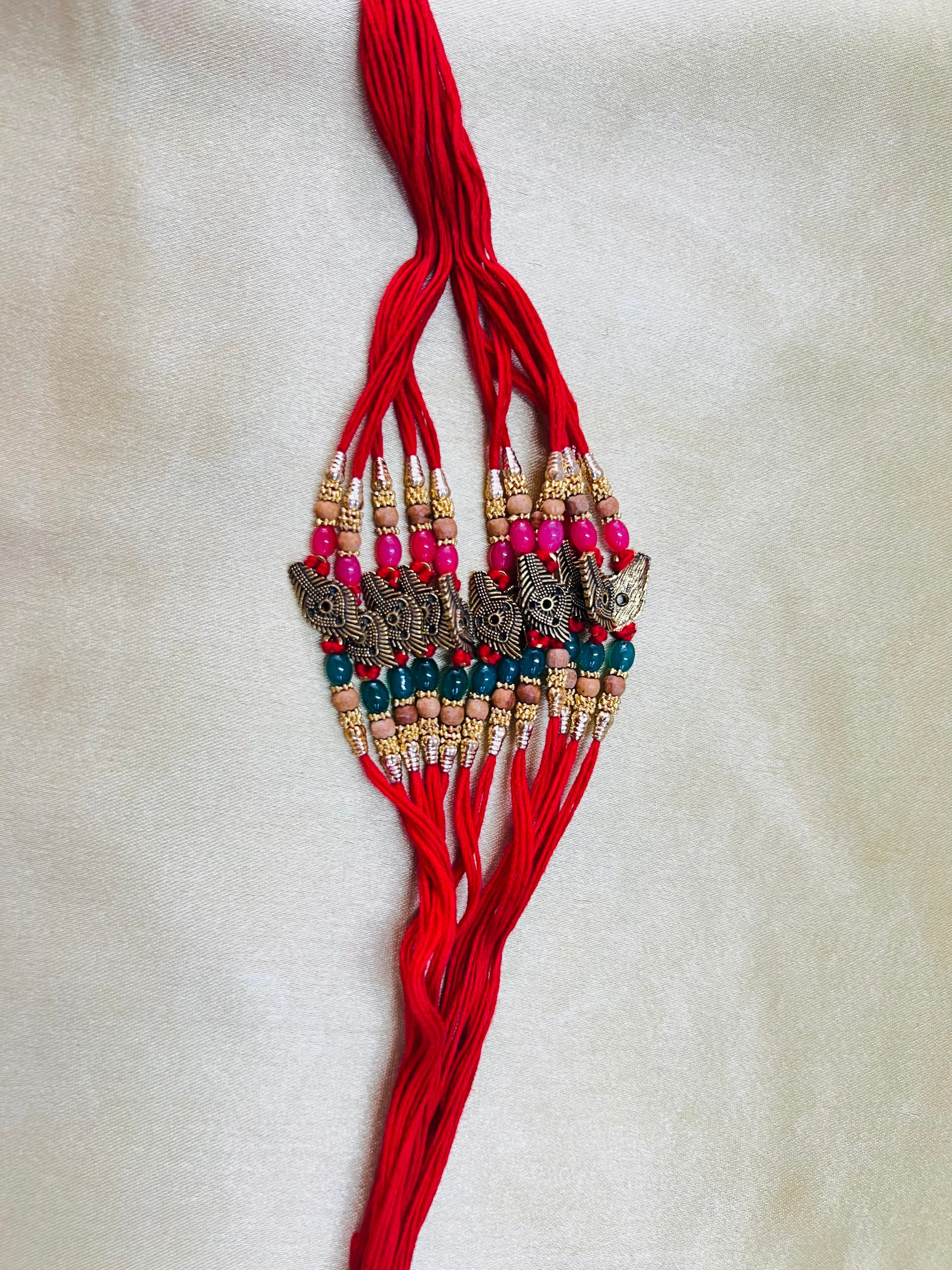 Wrap Shap R23: Designer Rakhi with Metal Feather & Colorful Beads, Roli Chawal Included