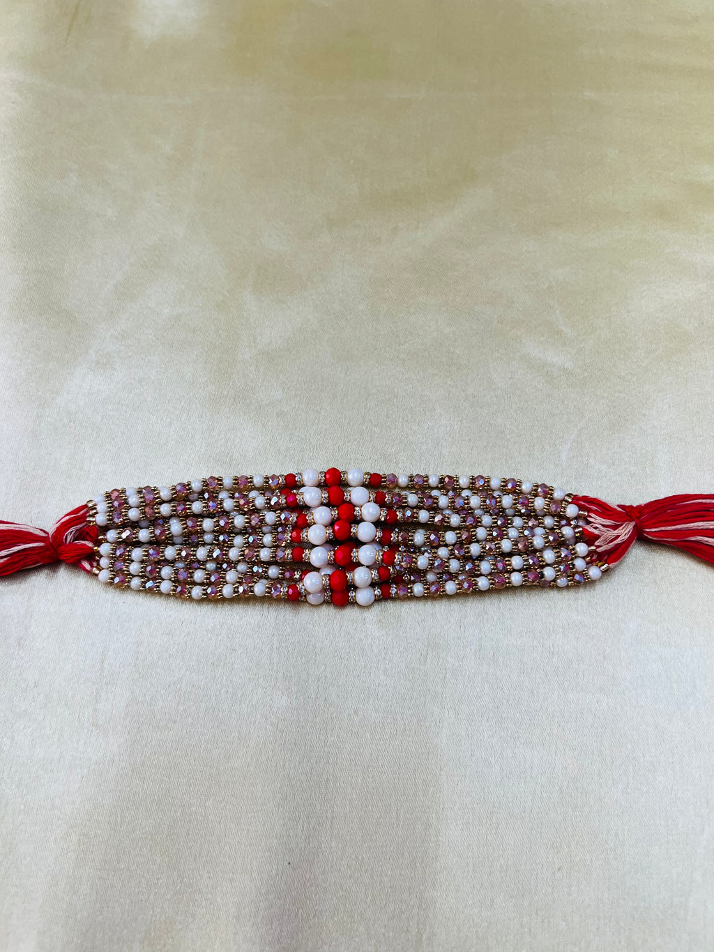 Wrap Shap WSR23-15: Designer Rakhi with Red & White Balls and Colorful Beads, Roli Chawal Included