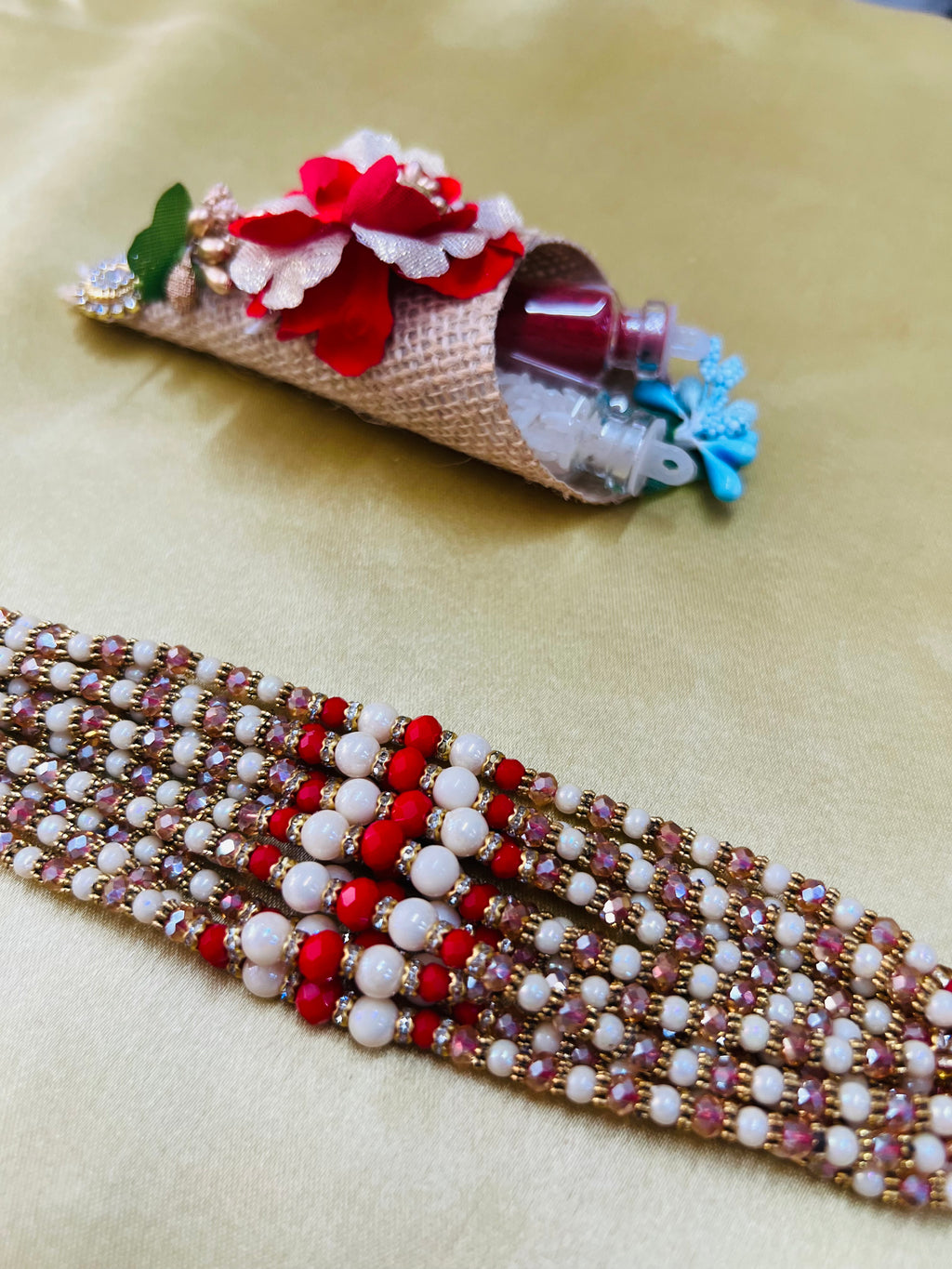 Wrap Shap WSR23-15: Designer Rakhi with Red & White Balls and Colorful Beads, Roli Chawal Included