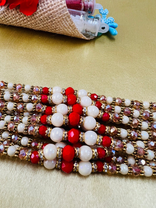 Wrap Shap WSR23-15: Designer Rakhi with Red & White Balls and Colorful Beads, Roli Chawal Included