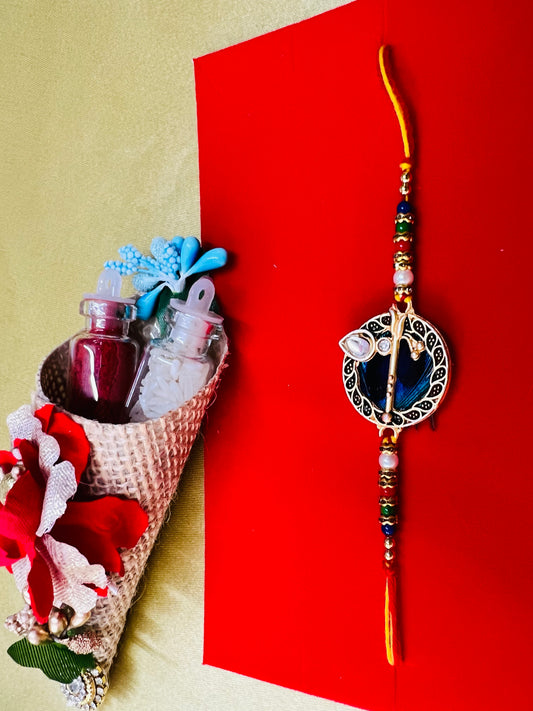 Wrap Shap GG01: Designer Rakhi with Peacock Feather and Krishna Flute Design, Roli Chawal Included