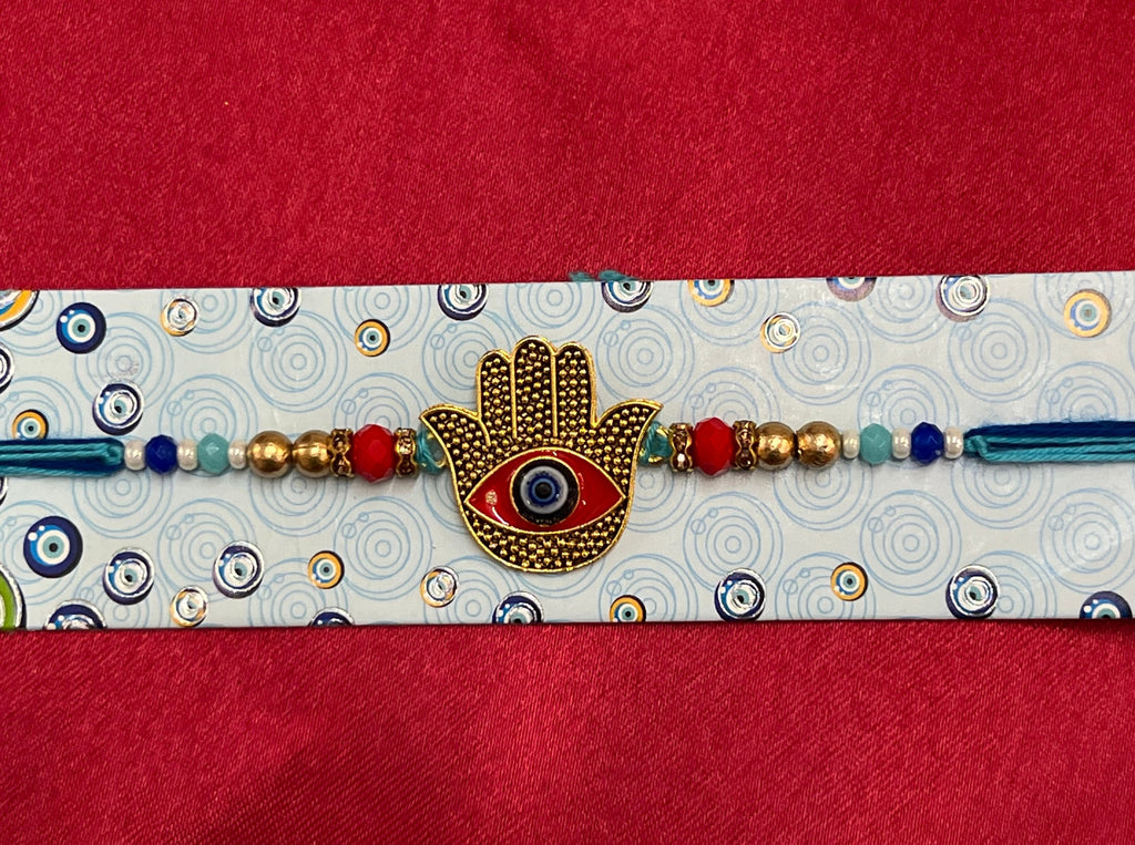 Wrap Shap 7517: Designer Rakhi with Hamsa Design Evil Eye, Roli Chawal Included
