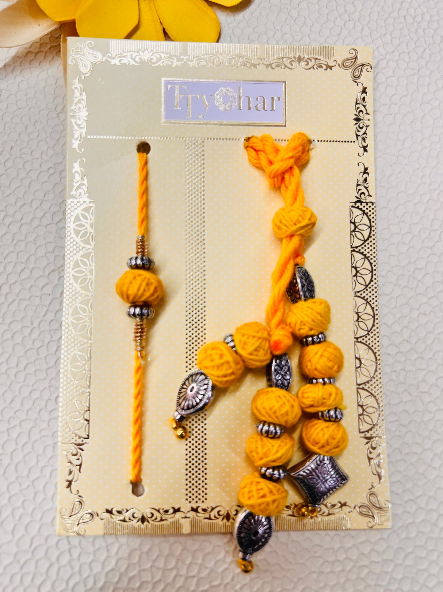 Wrap Shap Designer Bhaiya Bhabhi Rakhi Lumba Set - Yellow Macrame Thread Design with Roli Chawal