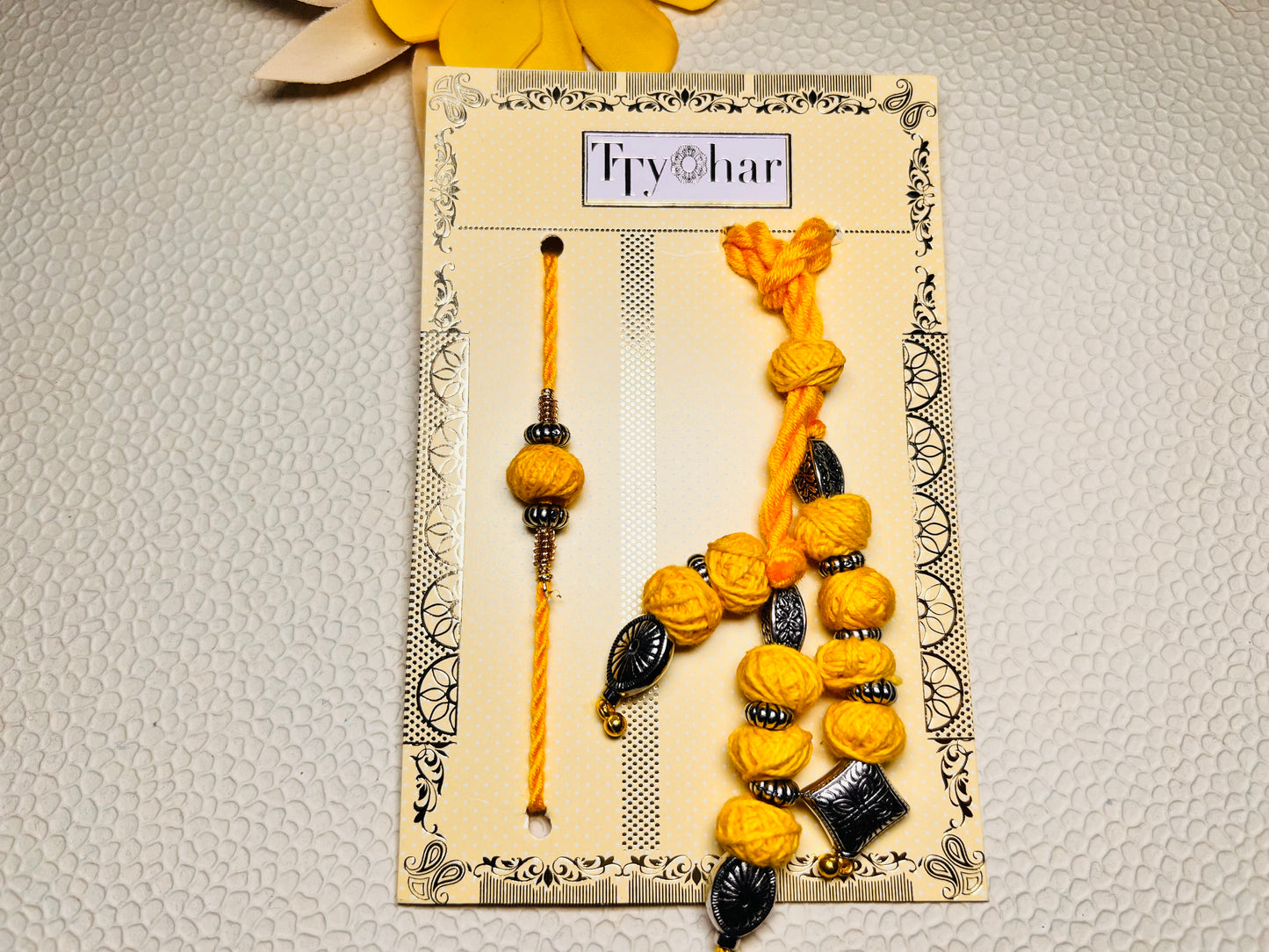 Wrap Shap Designer Bhaiya Bhabhi Rakhi Lumba Set - Yellow Macrame Thread Design with Roli Chawal