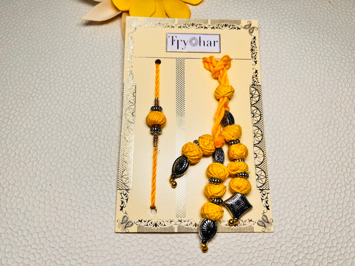 Wrap Shap Designer Bhaiya Bhabhi Rakhi Lumba Set - Yellow Macrame Thread Design with Roli Chawal