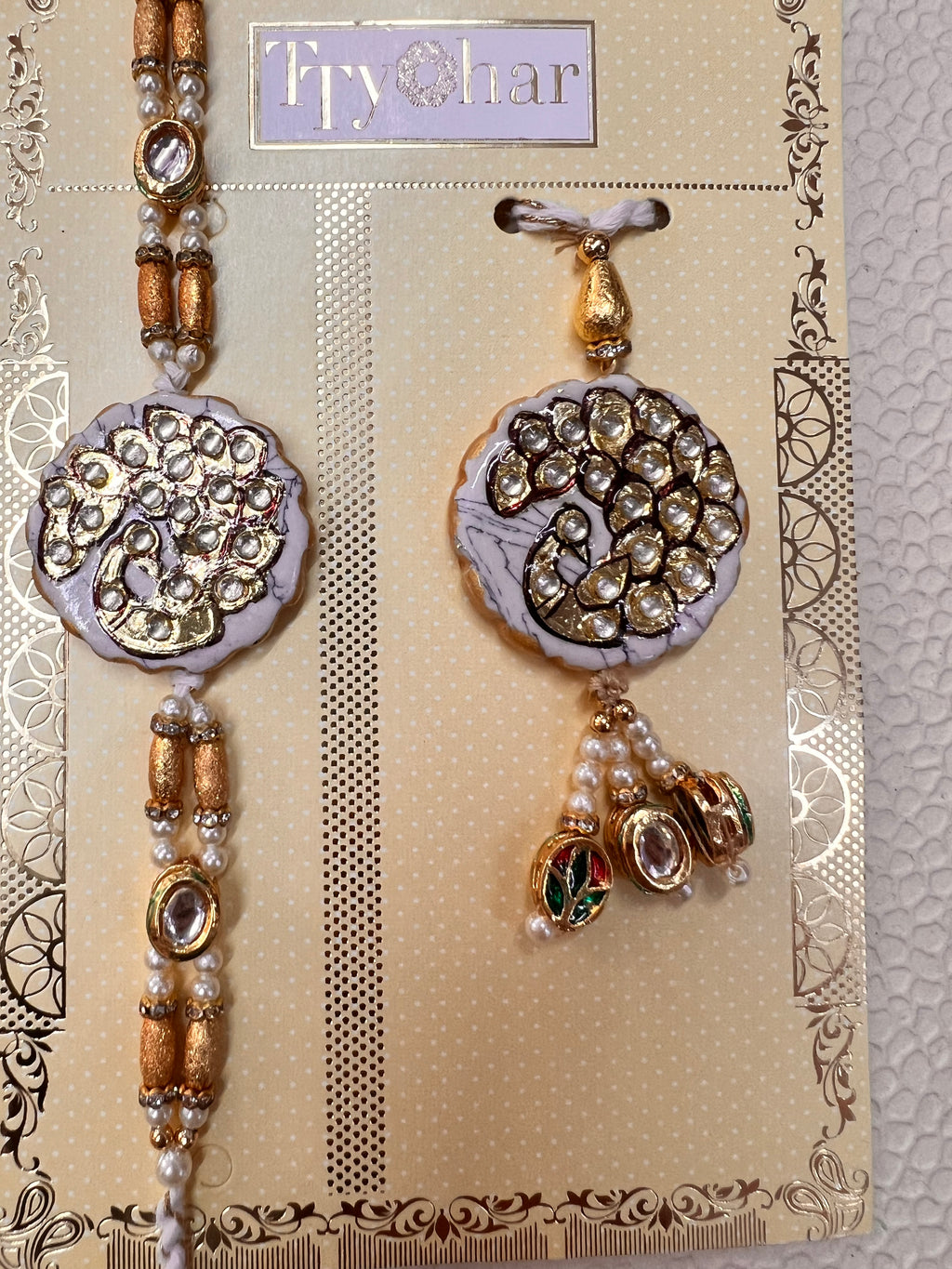 Wrap Shap Designer Bhaiya Bhabhi Premium Kundan Work Rakhi Lumba Set - Peacock Design on Agate Stone with Roli Chawal