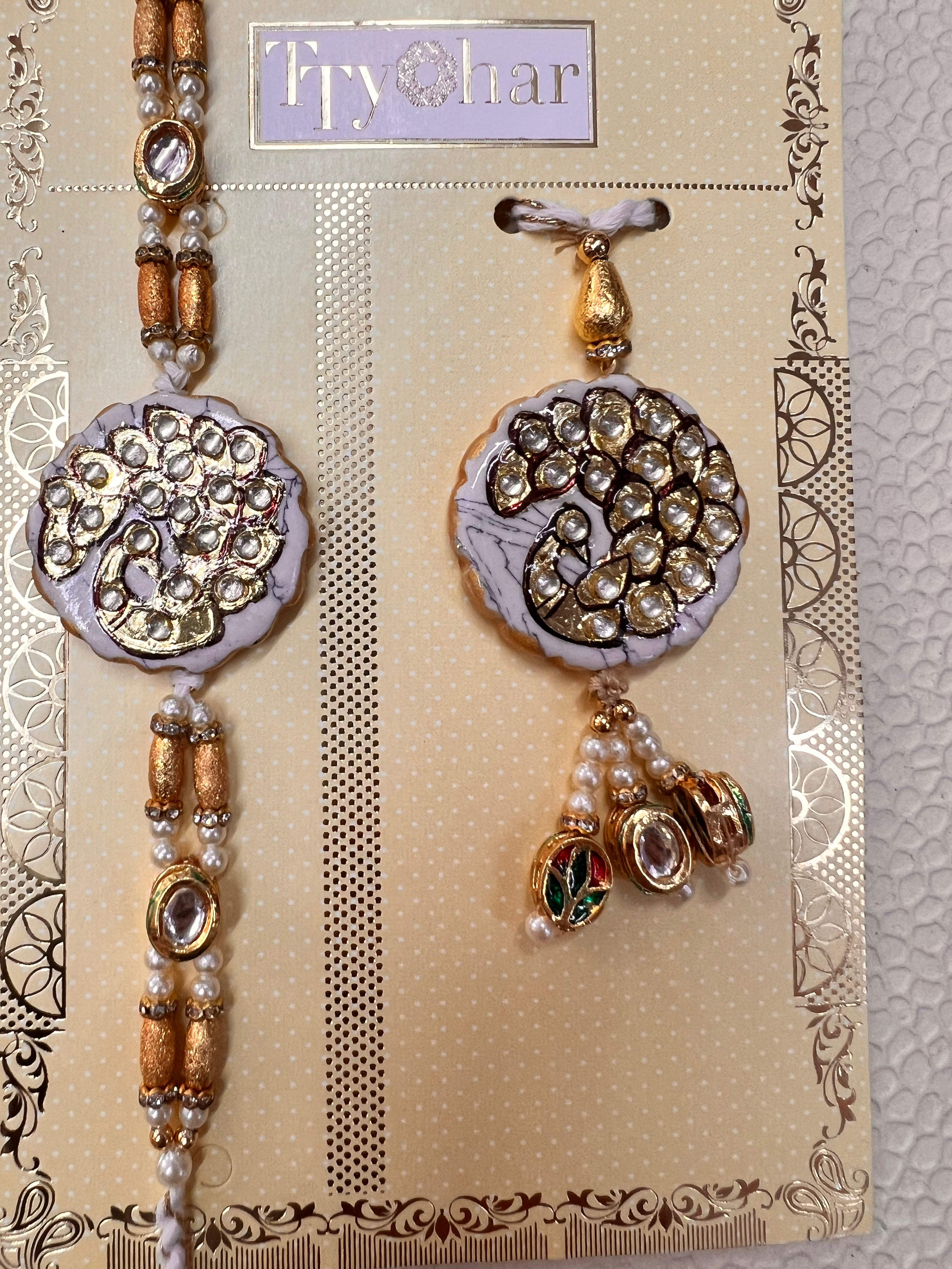 Wrap Shap Designer Bhaiya Bhabhi Premium Kundan Work Rakhi Lumba Set - Peacock Design on Agate Stone with Roli Chawal
