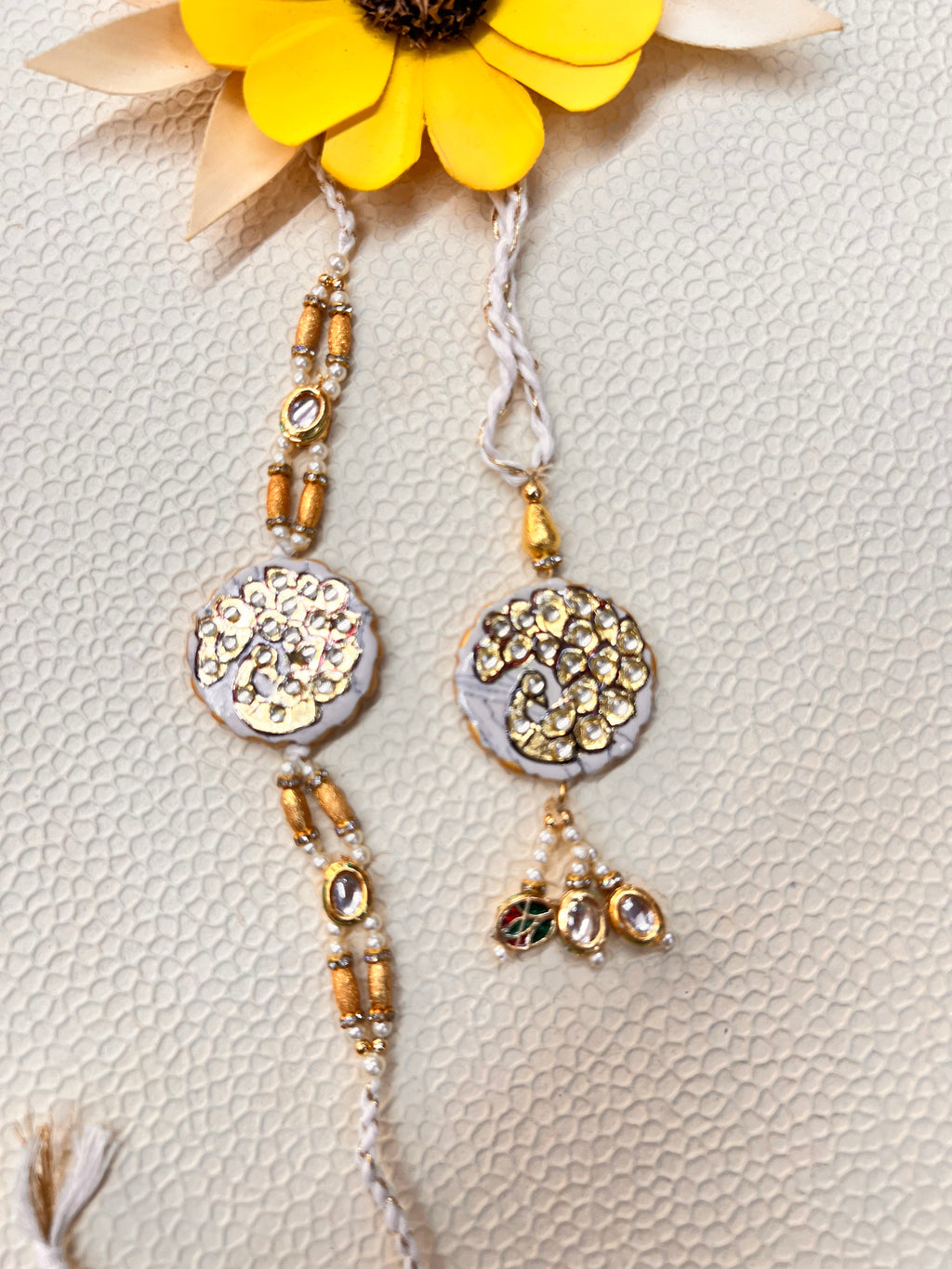 Wrap Shap Designer Bhaiya Bhabhi Premium Kundan Work Rakhi Lumba Set - Peacock Design on Agate Stone with Roli Chawal