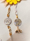 Wrap Shap Designer Bhaiya Bhabhi Premium Kundan Work Rakhi Lumba Set - Peacock Design on Agate Stone with Roli Chawal