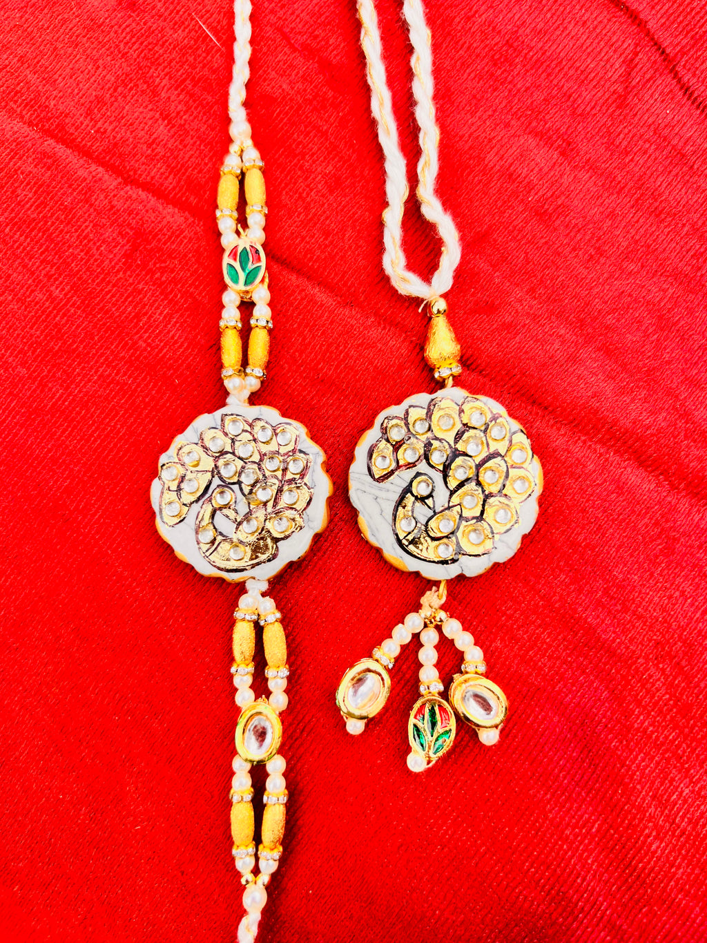 Wrap Shap Designer Bhaiya Bhabhi Premium Kundan Work Rakhi Lumba Set - Peacock Design on Agate Stone with Roli Chawal